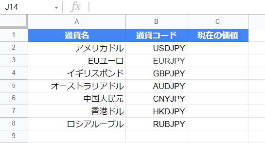 スプレッドシートで為替をリアルタイムで取得して計算する準備で通貨コードを記入